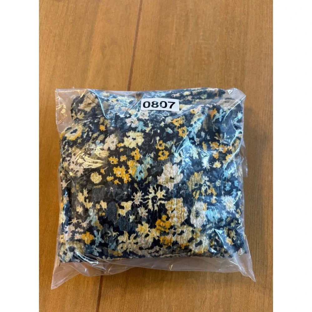 LOFT Womens Floral Puff Sleeve Blouse Size L Blue Yellow Cottagecore Casual